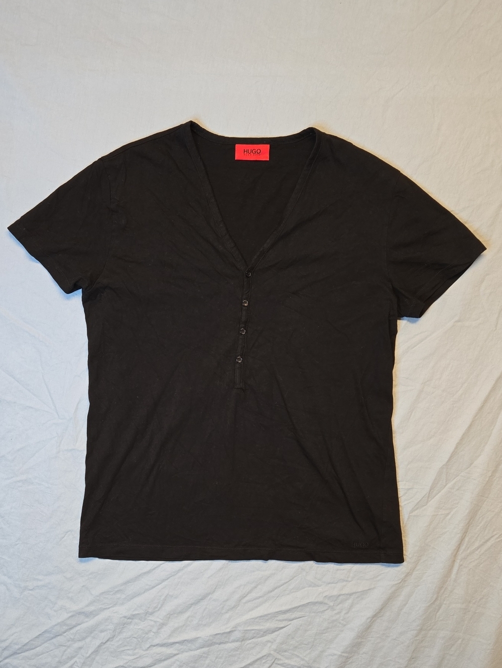 Hugo Deep Black V-Neck Henley Half Button Down T-Shirt